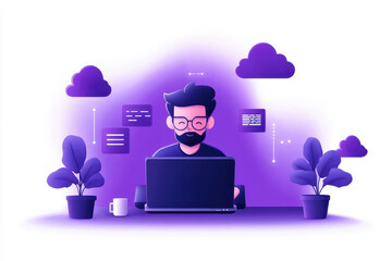 Full-stack developer working on cloud integration, coding in the background, modern software development process