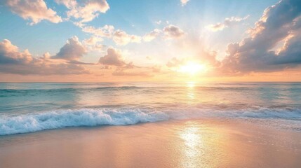 Wall Mural - The sun is setting over the ocean, casting a warm glow on the water