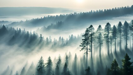 Wall Mural - A misty forest with trees in the background