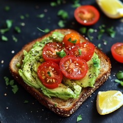 Poster - Avocado toast with cherry tomatoes, lemon wedges, and fresh parsley on a black slate background.