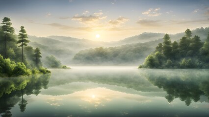 Wall Mural - A beautiful mountain lake with a sun reflecting on the water