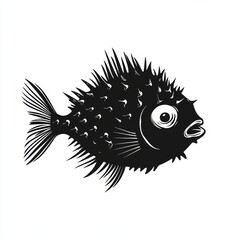 Wall Mural - Black and white illustration of a spiky pufferfish.