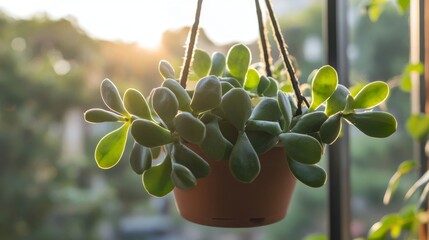 Sticker - a potted mistletoe cactus as hanging house plant in golden hour