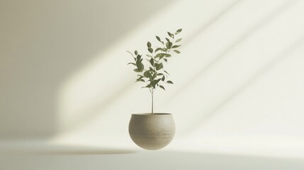 Canvas Print - Small Plant with Green Leaves in a Round Beige Pot