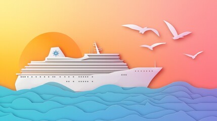 Paper-cut style, Cruise ship, travel industry. Vacation concept