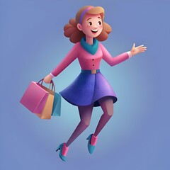 Sticker - A cheerful cartoon woman jumps with joy. carrying colorful shopping bags.