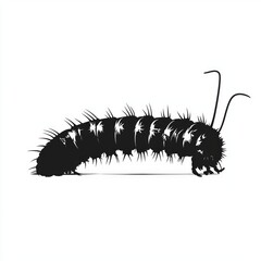 Poster - Black and white silhouette of a caterpillar crawling on a white background.