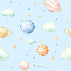 Wall Mural - light blue seamless background with planets