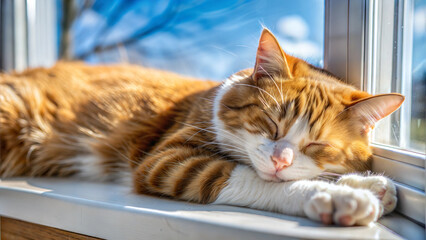 Ginger cat with white paws sleeping on a sunny windowsill, blue sky and trees in the background