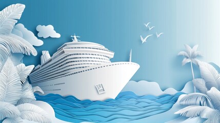 Wall Mural - Paper-cut style, Cruise ship, travel industry. Vacation concept