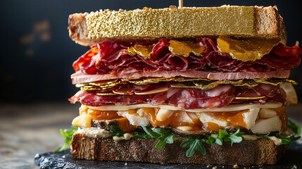 An extravagant sandwich with layers of exotic meats and cheeses, garnished with edible gold flakes