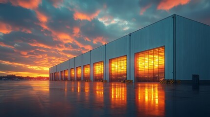 Industrial Sunset: A row of large industrial doors illuminate the foreground, mirroring the vibrant sunset sky above. The image captures a sense of power and progress.