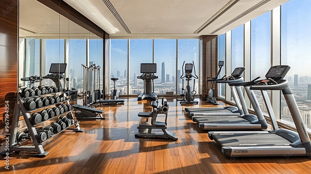 Large windows are offering natural light illuminating a modern gym ...