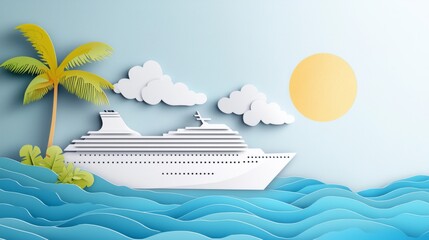 Wall Mural - Paper-cut style, Cruise ship, travel industry. Vacation concept