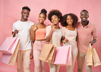 Young people are standing together holding shopping bags