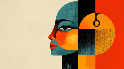 Poster - An artistic profile of a woman, featuring bold geometric shapes and vibrant colors, blending orange, blue, and black for a striking visual impact.