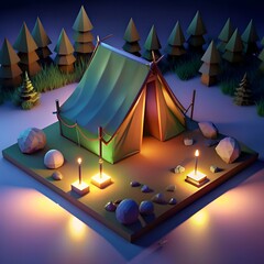 Sticker - Low poly 3D illustration of a cozy camping scene with a tent illuminated by lanterns under a starry night sky.