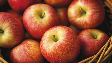 A close-up of ripe, juicy apples (Malus domestica) in a basket, ready for market sale