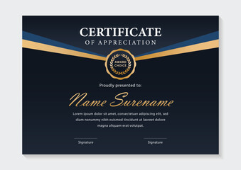 Wall Mural - luxury dark blue and gold certificate template with award badge