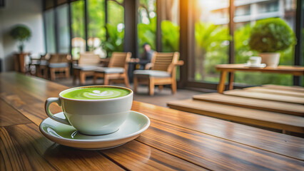 Hot matcha tea in a cup on a wooden table in a cafe, matcha, tea, hot, drink, cafe, beverage, green, ceramic, Japanese