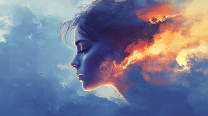 Poster - A Woman's Face Emerging From a Cloud of Orange and Blue