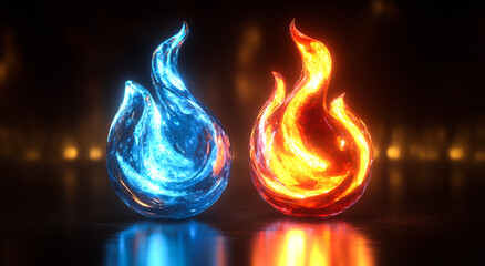 Two glowing orbs of fire and water, one blue and one red. The blue orb is surrounded by a blue light, while the red orb is surrounded by a red light. The orbs are floating in the air