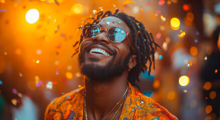 Wall Mural - A man with a beard and dreadlocks is smiling and wearing sunglasses. He is surrounded by confetti