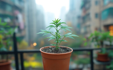 Wall Mural - A small plant is in a pot on a balcony. The plant is green and he is a marijuana plant. The scene is set in a city with tall buildings in the background