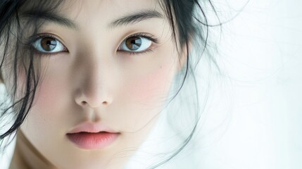 Canvas Print - Close-up Portrait of a Young Woman with Dark Hair and Blue Eyes