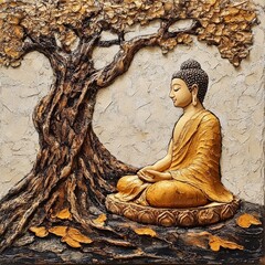 Poster - Buddha statue sitting in meditation under a tree with golden leaves.