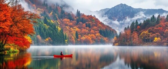 Wall Mural - Canoe on calm Lake Saranak with autumn forests and misty hills reflection