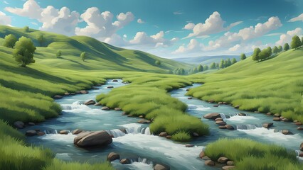 Wall Mural - A painting of a river with a green hillside in the background