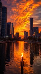 Wall Mural - Cityscape with fiery sunset reflecting in a river with a lit torch in the foreground.