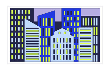 Poster - Evening cityscape window 2D cartoon object. Nighttime city frame isolated element flat vector clipart on white background. Nightlife building exterior. Downtown night town. Spot illustration