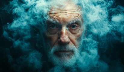 Wall Mural - A man with a beard and gray hair is in front of a blue smoke. The man's face is obscured by the smoke, and he is looking at the camera. Scene is mysterious and eerie