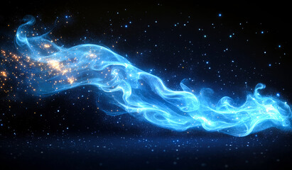 A blue flame with a blue smoke trail in the sky