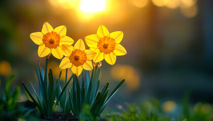 Wall Mural - Three yellow flowers narcissus are in a field with a bright sun in the background. The flowers are in full bloom and are surrounded by green grass. The scene is peaceful and serene