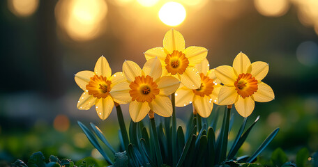 Wall Mural - A bunch of yellow flowers with dew on them. The flowers are in a field and the sun is shining on them