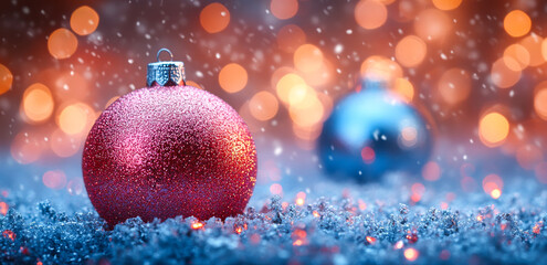 Wall Mural - A red and blue Christmas ornament sits on a snowy ground. The red ornament is larger and has a shiny surface, while the blue ornament is smaller and has a more matte appearance