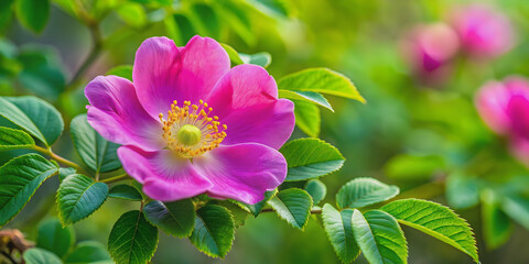 Close up of a vibrant dog rose with fluffy petals and green leaves in full bloom during summer , dog rose, Rosa canina