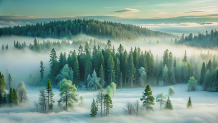 green landscape of foggy forest on winter hill, frozen taiga with misty atmosphere , green, landscap