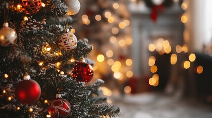 Canvas Print - Close-up of a decorated Christmas tree with ornaments and fairy lights in front of a fireplace.