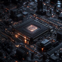 Canvas Print - Close-up of a glowing processor on a circuit board.