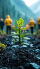 Wall Mural - A small green plant is growing in a rocky area. The plant is surrounded by a few people, some of whom are wearing yellow jackets. Concept of hope and growth, as the plant is a symbol of life