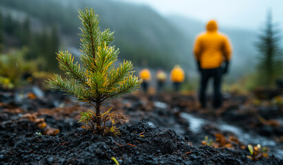 A person is walking behind a small tree in a forest. The tree is surrounded by dirt and he is struggling to grow. Concept of loneliness and vulnerability, as the tree is alone in the wilderness