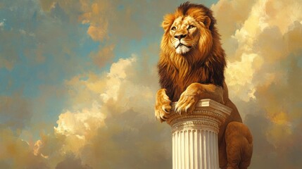 Poster - Majestic Lion Perched on a Classical Column Against a Cloudy Sky