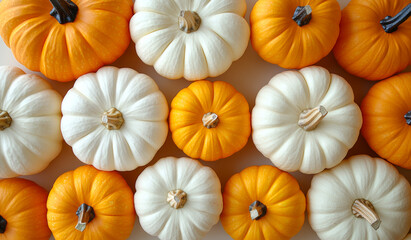 A row of orange and white pumpkins arranged in a pattern. Concept of warmth and coziness, as pumpkins are often associated with autumn and the holiday season