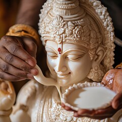 Sticker - Close-up of a person pouring milk over a white marble statue of a Hindu goddess.