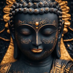 Wall Mural - Close-up of a serene black Buddha statue with gold details.