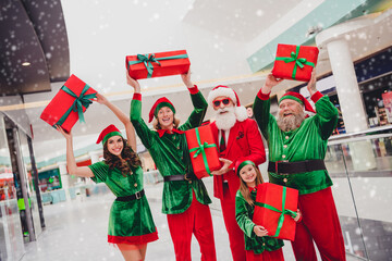 Poster - Portrait of attractive cheerful trendy group elfs holding giftboxes buying having fun rejoicing rest eve festal time at store indoors